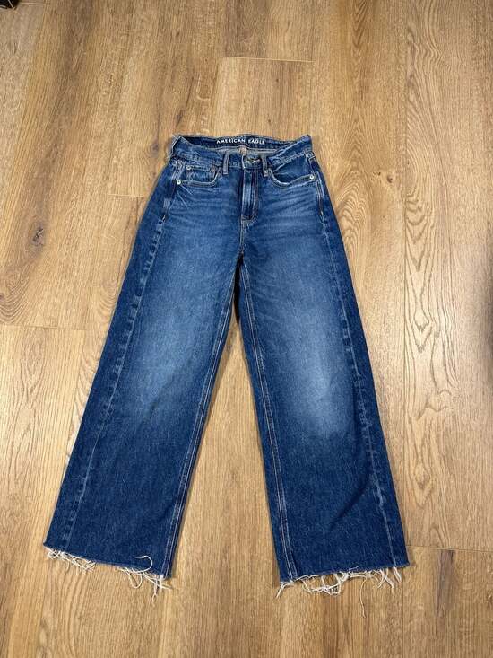 American Eagle Super High Rise Baggy Wide Leg Jeans Blue 00R Raw Hem Y2K - Picture 2 of 8